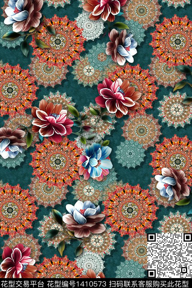 几何绿植树叶花卉数码印花华亿平台下载（图片编号: 1410573） - 瓦栏（Walan）