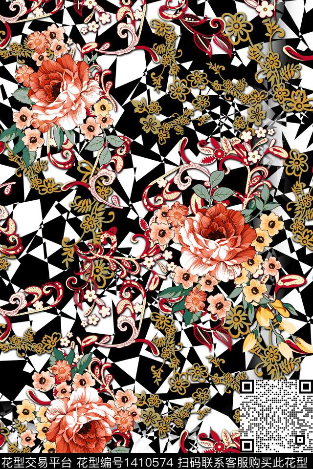 几何绿植树叶花卉数码印花华亿平台下载（图片编号: 1410574） - 瓦栏（Walan）