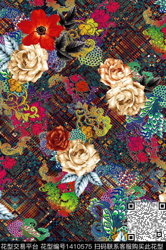 几何绿植树叶花卉数码印花华亿平台下载（图片编号: 1410575） - 瓦栏（Walan）