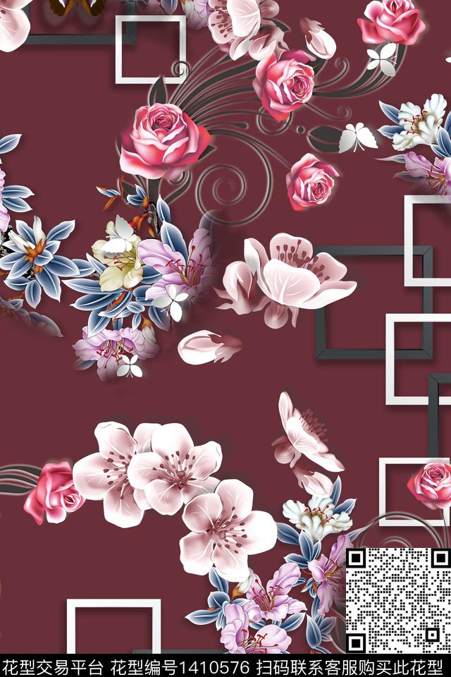 几何花卉大牌风数码印花华亿平台下载（图片编号: 1410576） - 瓦栏（Walan）