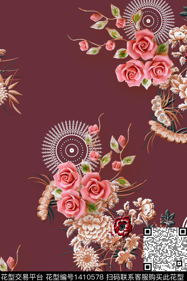 绿植树叶花卉大牌风数码印花华亿平台下载（图片编号: 1410578） - 瓦栏（Walan）