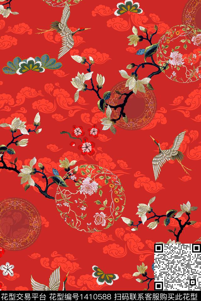 祥云花卉中国风数码印花华亿平台下载（图片编号: 1410588） - 瓦栏（Walan）
