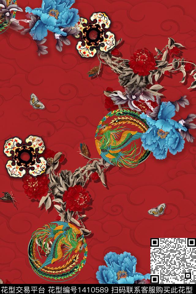 祥云花卉中国风数码印花华亿平台下载（图片编号: 1410589） - 瓦栏（Walan）