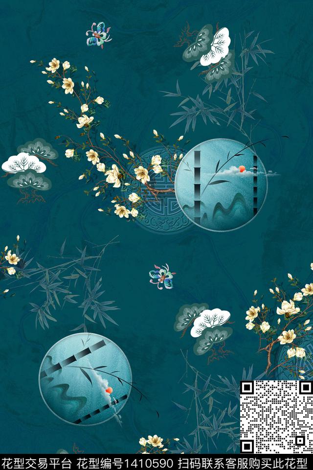 花卉中国风数码印花华亿平台下载（图片编号: 1410590） - 瓦栏（Walan）
