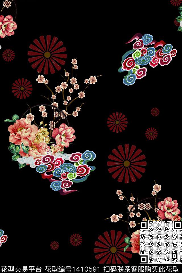 祥云花卉中国风数码印花华亿平台下载（图片编号: 1410591） - 瓦栏（Walan）
