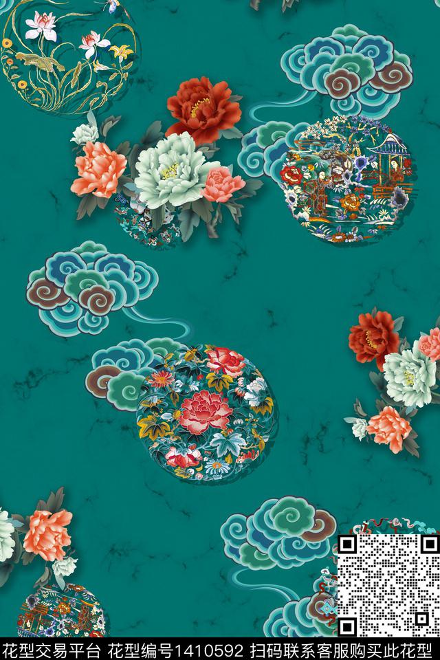 祥云花卉中国风数码印花华亿平台下载（图片编号: 1410592） - 瓦栏（Walan）