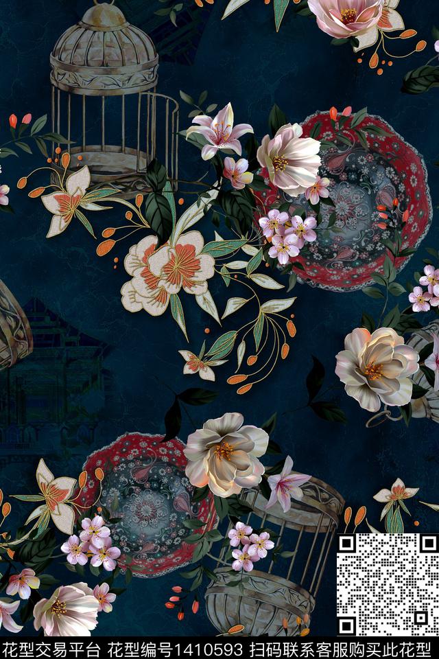 花卉中国风数码印花华亿平台下载（图片编号: 1410593） - 瓦栏（Walan）