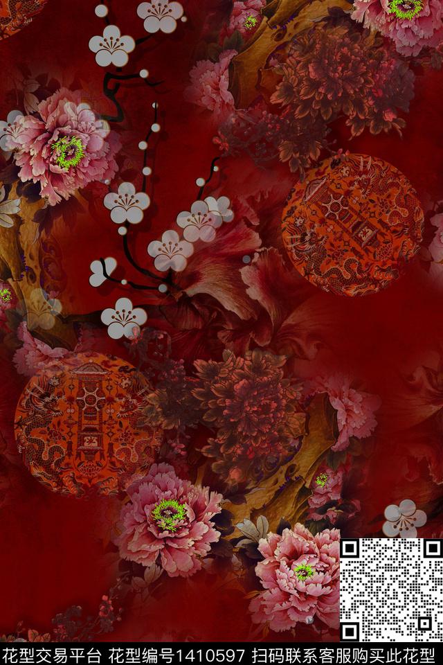 花卉中国风数码印花华亿平台下载（图片编号: 1410597） - 瓦栏（Walan）