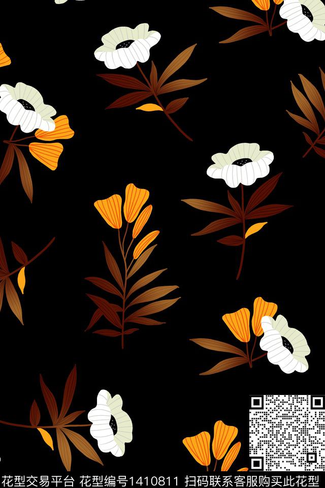 黑底花卉花卉大牌风数码印花华亿平台下载（图片编号: 1410811） - 瓦栏（Walan）