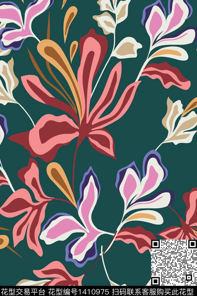 绿植树叶抽象花卉大牌风传统印花华亿平台下载（图片编号: 1410975） - 瓦栏（Walan）