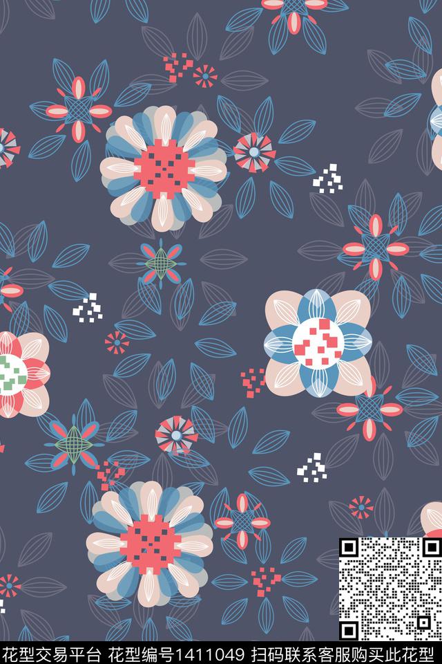 几何花卉大牌风数码印花华亿平台下载（图片编号: 1411049） - 瓦栏（Walan）