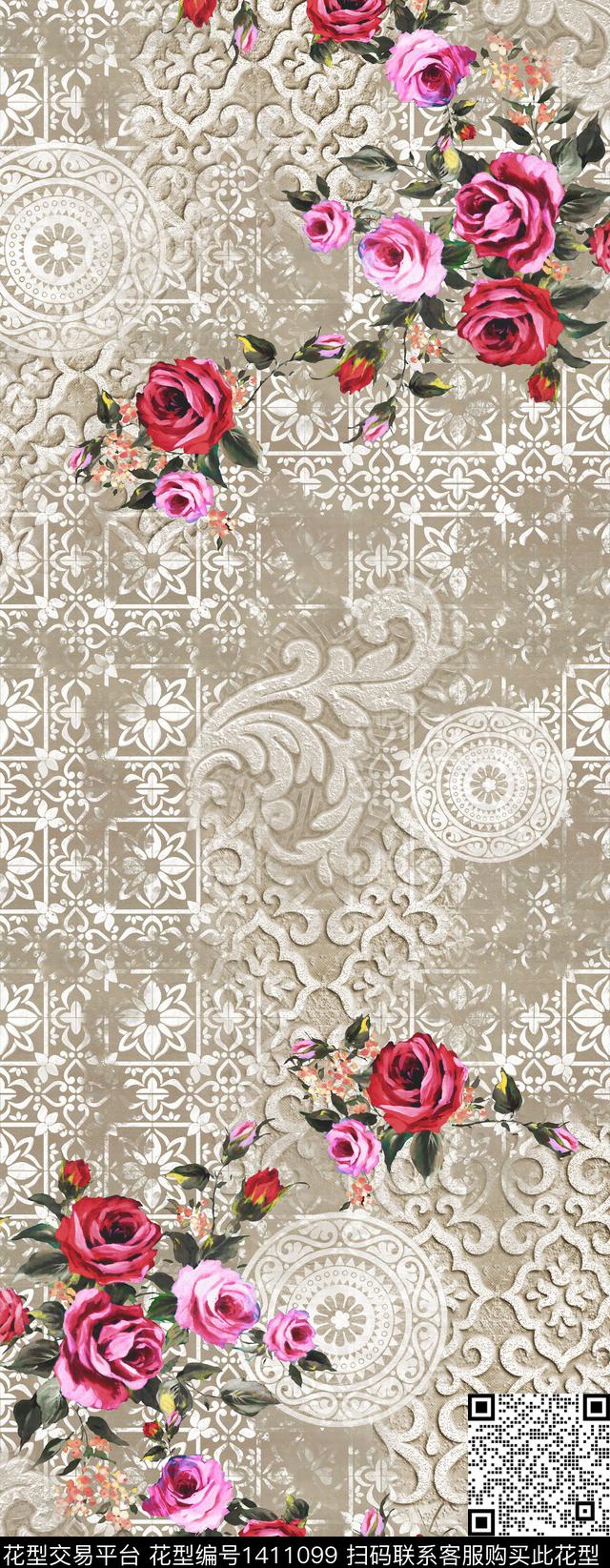 几何复古花卉数码印花华亿平台下载（图片编号: 1411099） - 瓦栏（Walan）