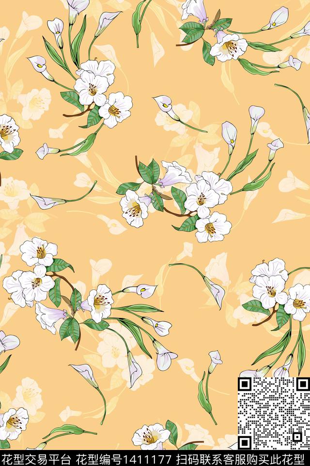 清爽底花卉花卉年轻女性数码印花华亿平台下载（图片编号: 1411177） - 瓦栏（Walan）