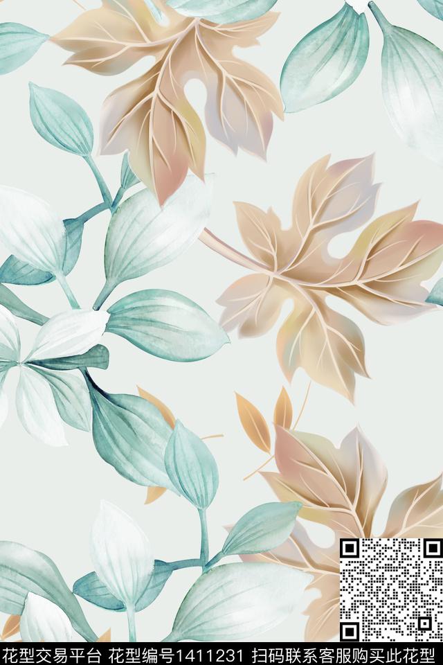 绿植树叶清爽底花卉花卉数码印花华亿平台下载（图片编号: 1411231） - 瓦栏（Walan）