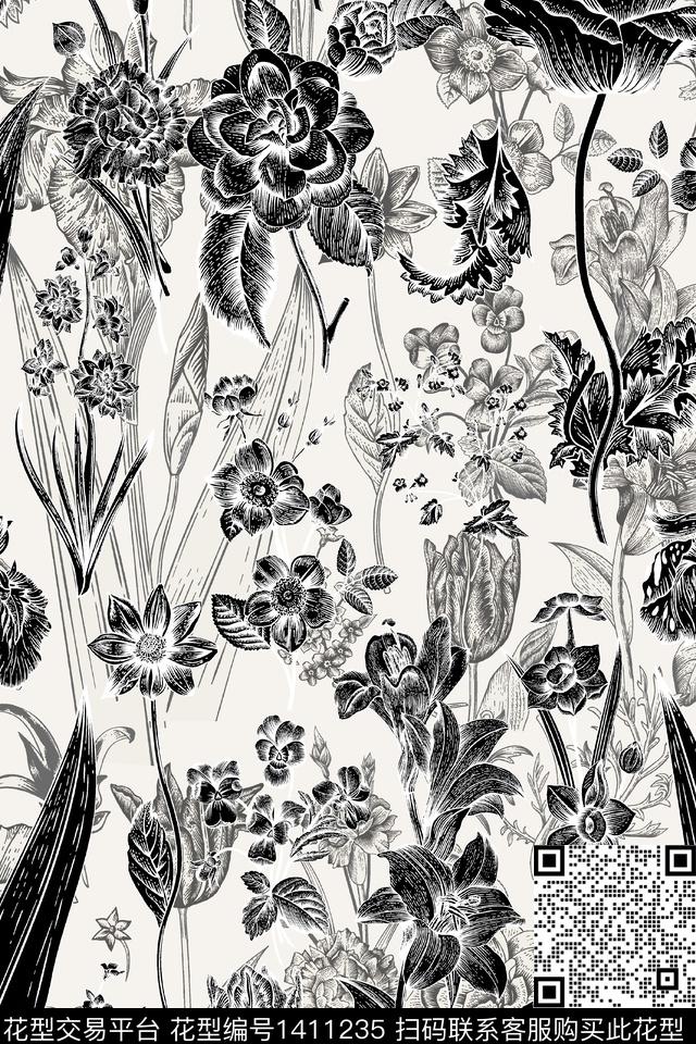 黑白华亿平台清爽底花卉花卉数码印花华亿平台下载（图片编号: 1411235） - 瓦栏（Walan）