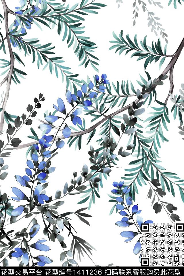 绿植树叶清爽底花卉花卉数码印花华亿平台下载（图片编号: 1411236） - 瓦栏（Walan）