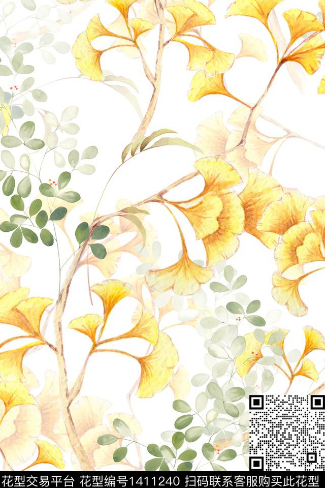 绿植树叶清爽底花卉花卉数码印花华亿平台下载（图片编号: 1411240） - 瓦栏（Walan）