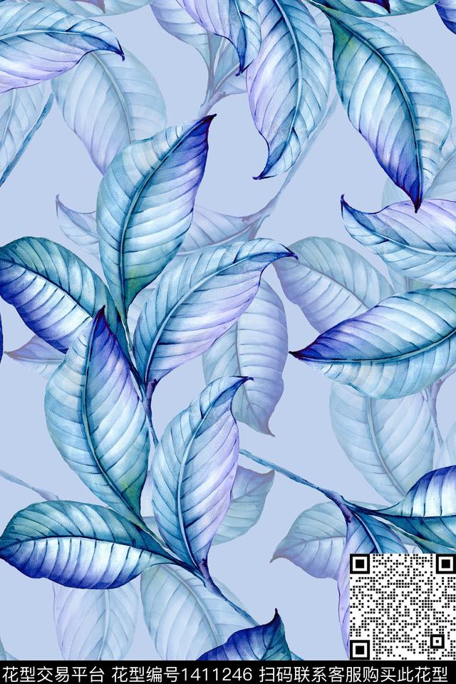 绿植树叶清爽底花卉花卉数码印花华亿平台下载（图片编号: 1411246） - 瓦栏（Walan）