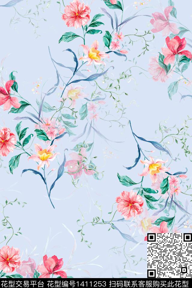 时尚花卉真丝数码印花华亿平台下载（图片编号: 1411253） - 瓦栏（Walan）