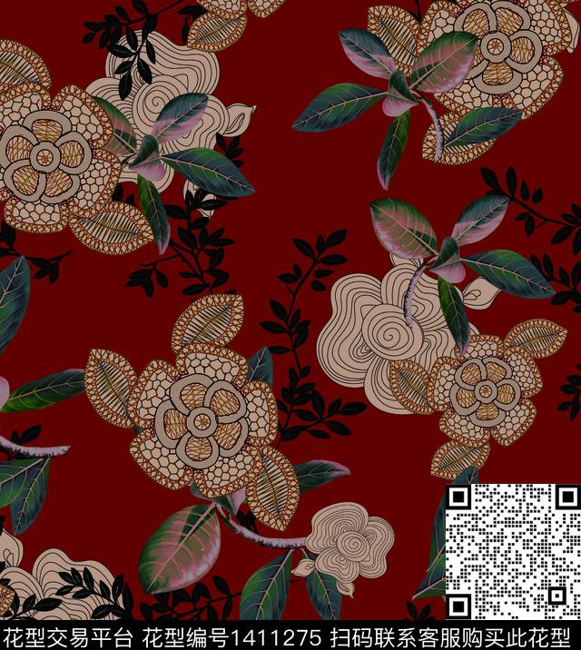 连衣裙女装花卉传统印花华亿平台下载（图片编号: 1411275） - 瓦栏（Walan）