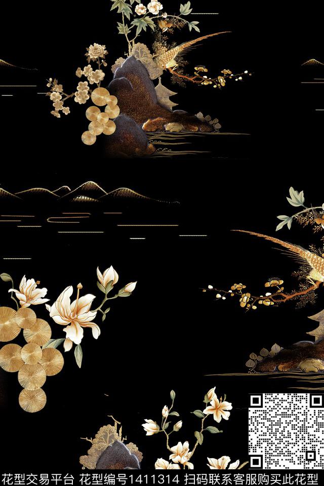 绿植树叶鸟大牌风数码印花华亿平台下载（图片编号: 1411314） - 瓦栏（Walan）