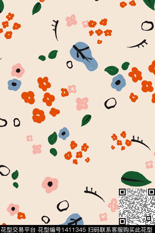 抽象花卉可爱花卉数码印花华亿平台下载（图片编号: 1411345） - 瓦栏（Walan）
