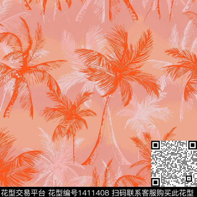 椰子树手绘手绘花卉数码印花华亿平台下载（图片编号: 1411408） - 瓦栏（Walan）
