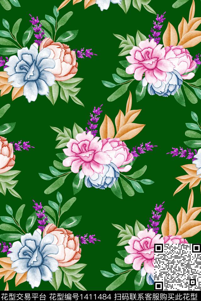 真丝牡丹水彩花卉数码印花华亿平台下载（图片编号: 1411484） - 瓦栏（Walan）