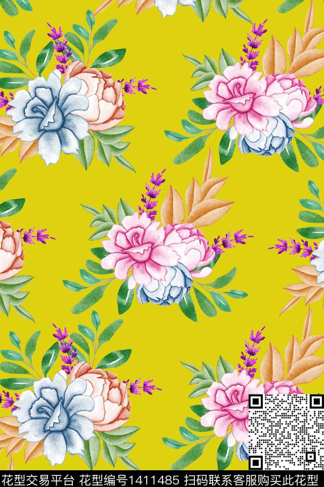 真丝牡丹水彩花卉数码印花华亿平台下载（图片编号: 1411485） - 瓦栏（Walan）