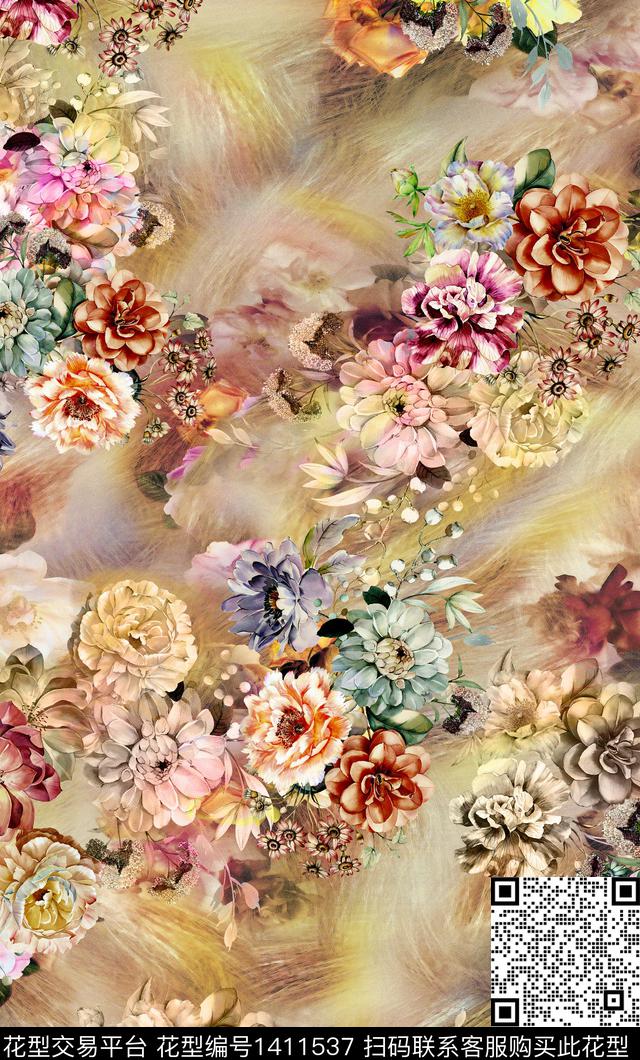 时尚花卉真丝数码印花华亿平台下载（图片编号: 1411537） - 瓦栏（Walan）