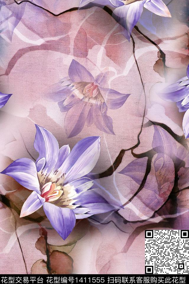 扎染华亿平台花卉大牌风数码印花华亿平台下载（图片编号: 1411555） - 瓦栏（Walan）
