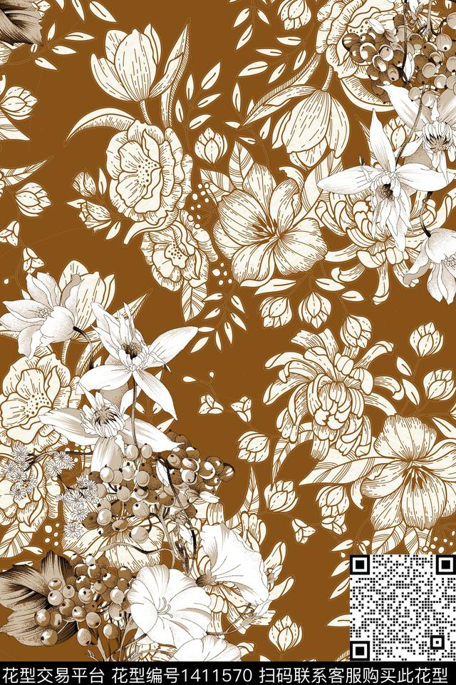 清爽底花卉花卉大牌风数码印花华亿平台下载（图片编号: 1411570） - 瓦栏（Walan）