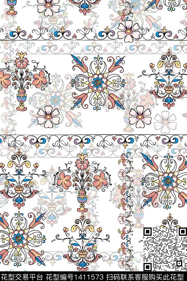抽象花卉民族风花卉数码印花华亿平台下载（图片编号: 1411573） - 瓦栏（Walan）
