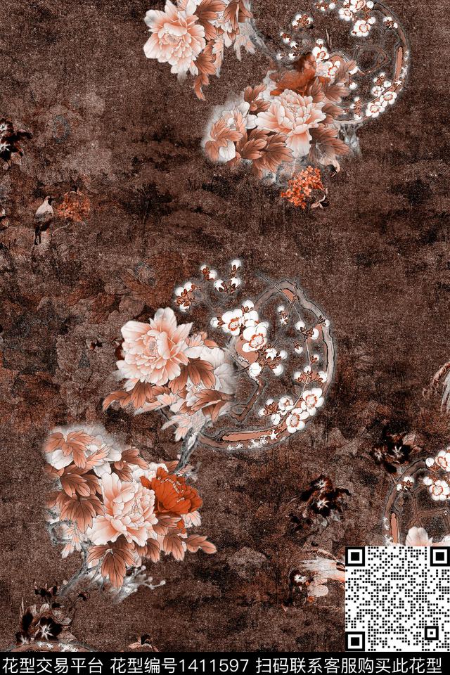 花卉香云纱中国风数码印花华亿平台下载（图片编号: 1411597） - 瓦栏（Walan）