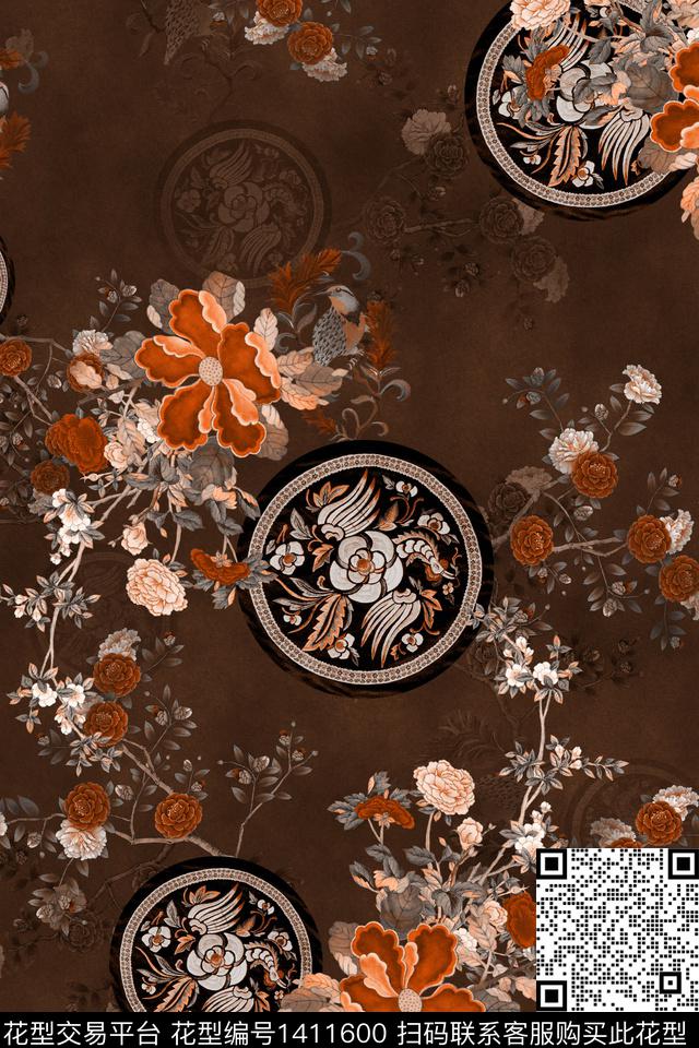 花卉香云纱中国风数码印花华亿平台下载（图片编号: 1411600） - 瓦栏（Walan）
