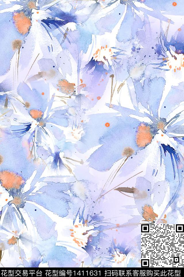 水彩抽象花卉大牌风数码印花华亿平台下载（图片编号: 1411631） - 瓦栏（Walan）