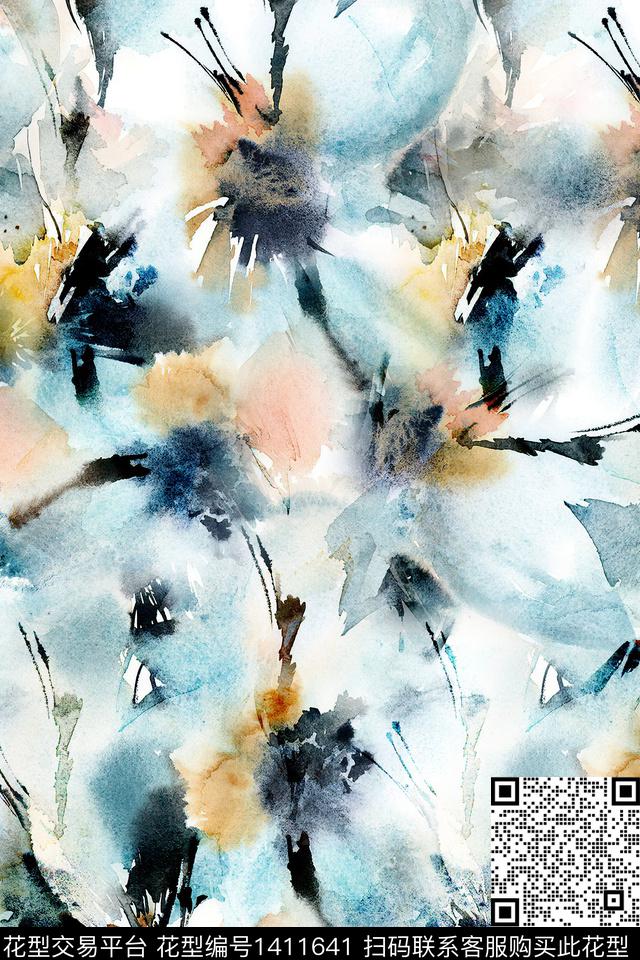 水彩抽象花卉大牌风数码印花华亿平台下载（图片编号: 1411641） - 瓦栏（Walan）