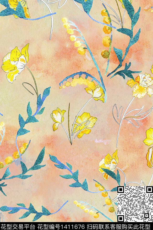 绿植树叶水彩小碎花数码印花华亿平台下载（图片编号: 1411676） - 瓦栏（Walan）