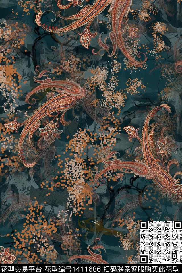 佩斯利满版散花中国风数码印花华亿平台下载（图片编号: 1411686） - 瓦栏（Walan）