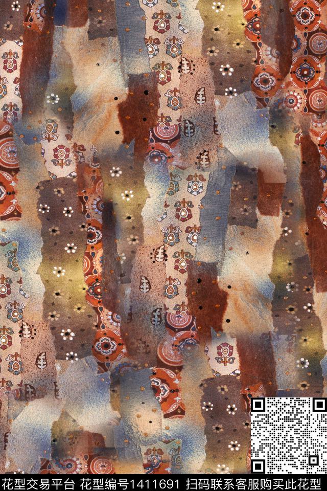 民族风满版散花混合拼接数码印花华亿平台下载（图片编号: 1411691） - 瓦栏（Walan）
