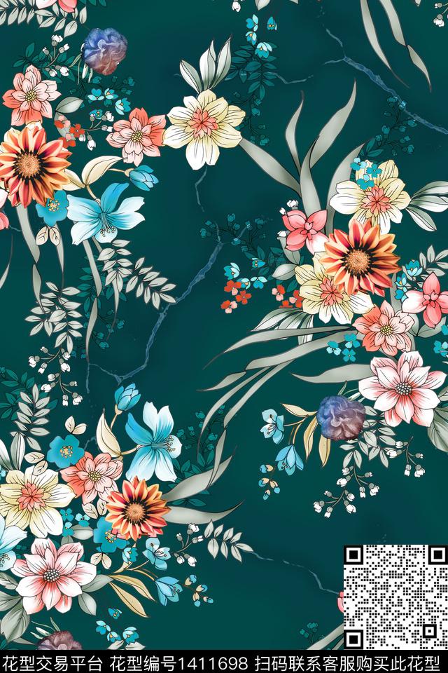 花卉满版散花中老年数码印花华亿平台下载（图片编号: 1411698） - 瓦栏（Walan）