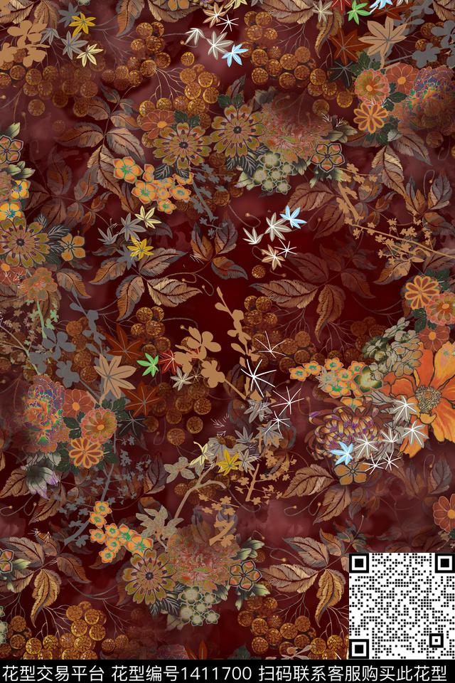 花卉满版散花中老年数码印花华亿平台下载（图片编号: 1411700） - 瓦栏（Walan）