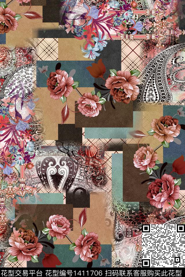 花卉满版散花中老年数码印花华亿平台下载（图片编号: 1411706） - 瓦栏（Walan）