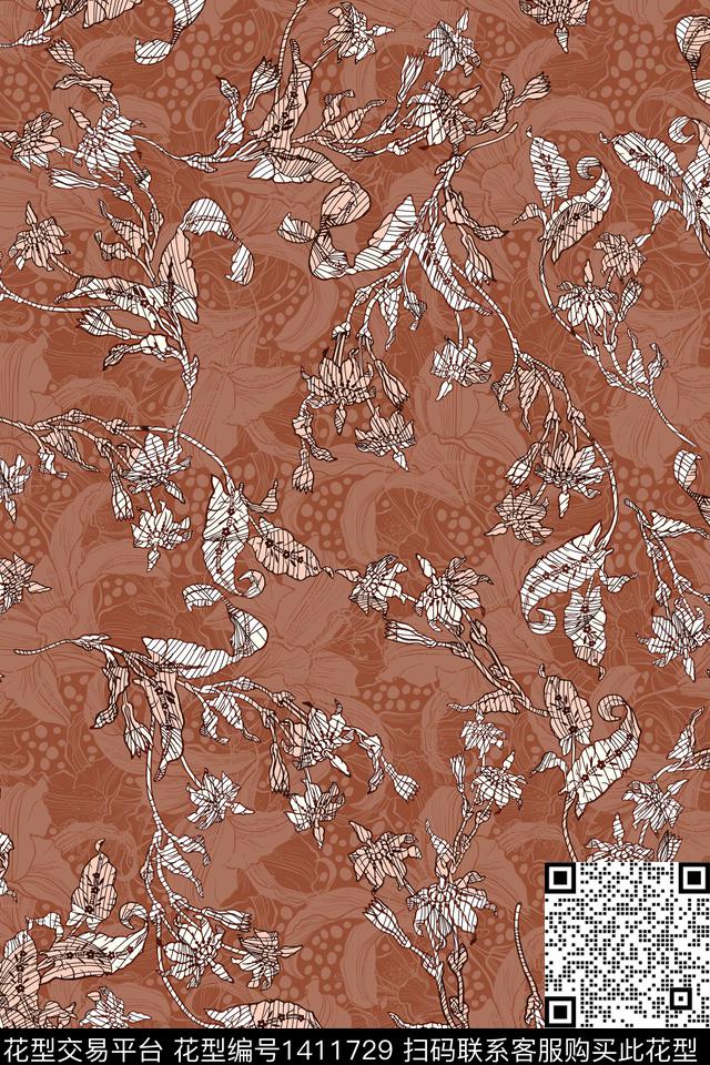 花卉满版散花中老年数码印花华亿平台下载（图片编号: 1411729） - 瓦栏（Walan）