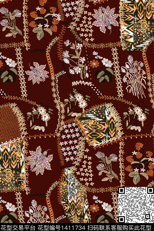 花卉满版散花中老年数码印花华亿平台下载（图片编号: 1411734） - 瓦栏（Walan）
