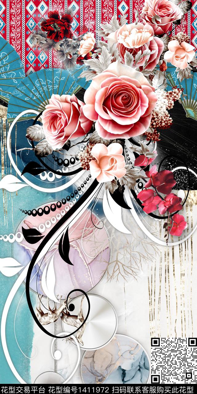 几何花卉真丝定位花数码印花华亿平台下载（图片编号: 1411972） - 瓦栏（Walan）