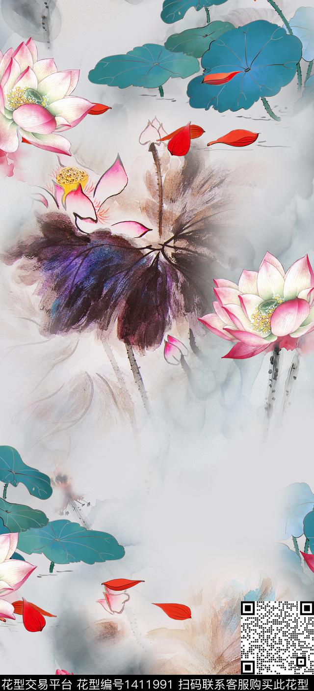 民族花卉真丝水墨风数码印花华亿平台下载（图片编号: 1411991） - 瓦栏（Walan）