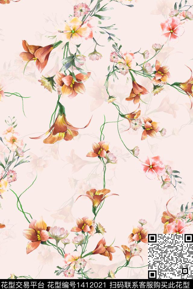 花卉小清新真丝数码印花华亿平台下载（图片编号: 1412021） - 瓦栏（Walan）