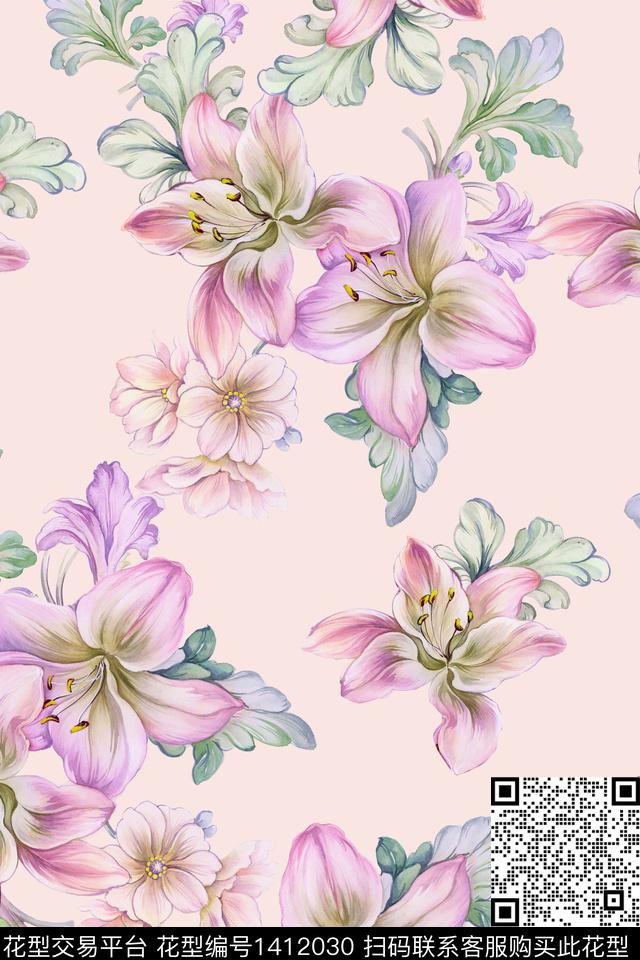 花卉小清新真丝数码印花华亿平台下载（图片编号: 1412030） - 瓦栏（Walan）