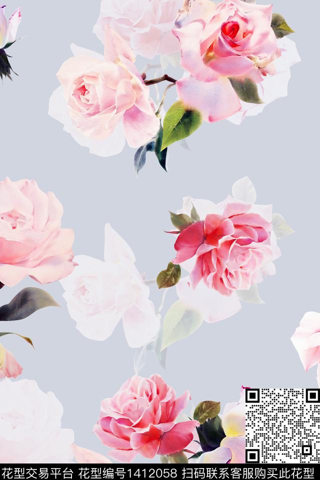 玫瑰花清爽底花卉花卉数码印花华亿平台下载（图片编号: 1412058） - 瓦栏（Walan）